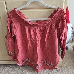 Tantrums Womens Coral Geometric Patterned Off The Shoulder Blouse Top NWT